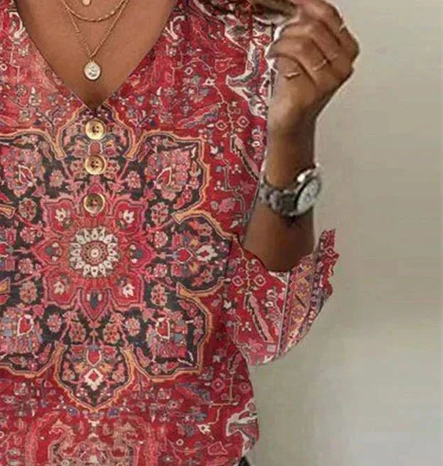 Women's Oriental Print Boho Blouse – Relaxed Patterned Blouse