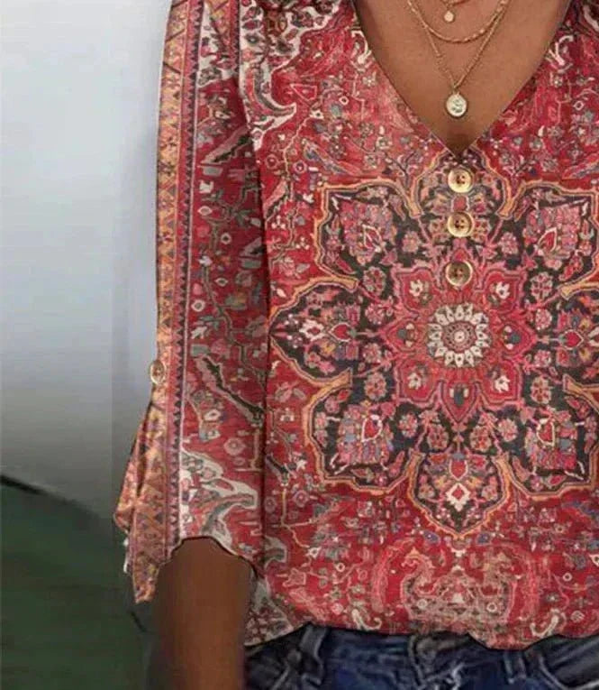 Women's Oriental Print Boho Blouse – Relaxed Patterned Blouse