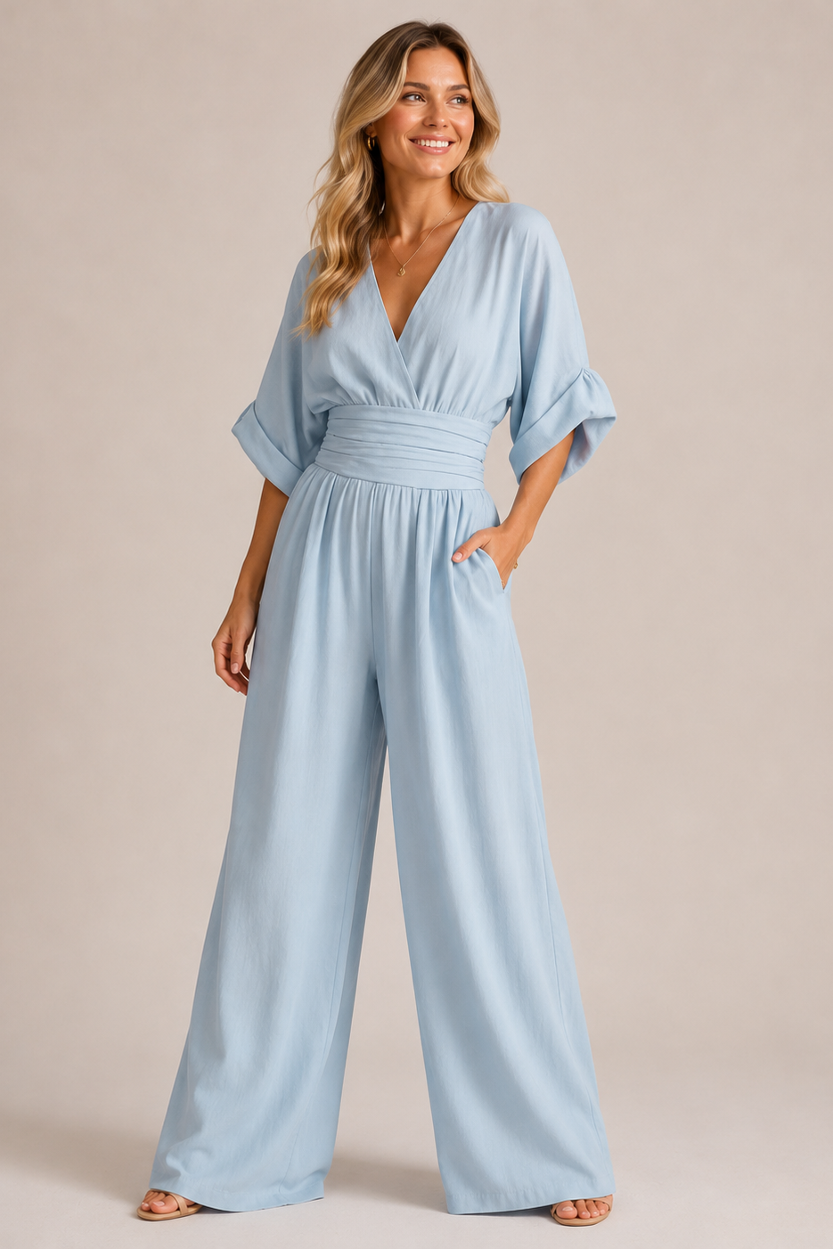 Women's Wide Leg Jumpsuit – Three-Quarter Sleeve Jumpsuit