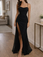 Women's Sweetheart Neckline Maxi Dress – Spaghetti Strap High Slit Evening Dress