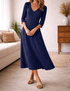 Women's V-Neck A-Line Midi Dress – Three Quarter Sleeve Casual Dress