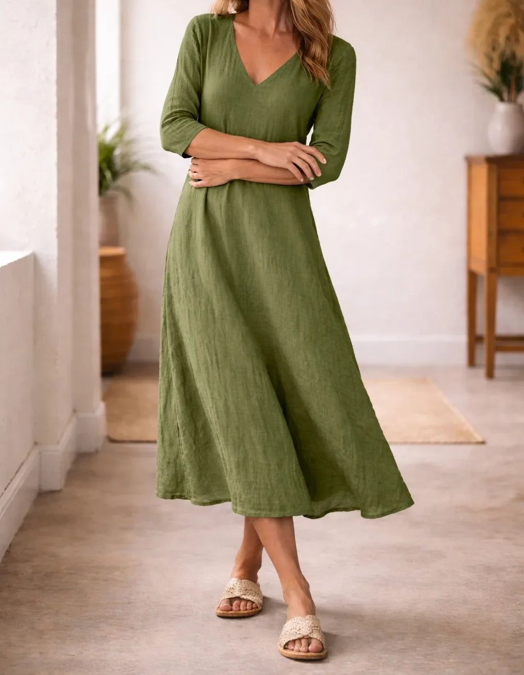 Women's V-Neck A-Line Midi Dress – Three Quarter Sleeve Casual Dress