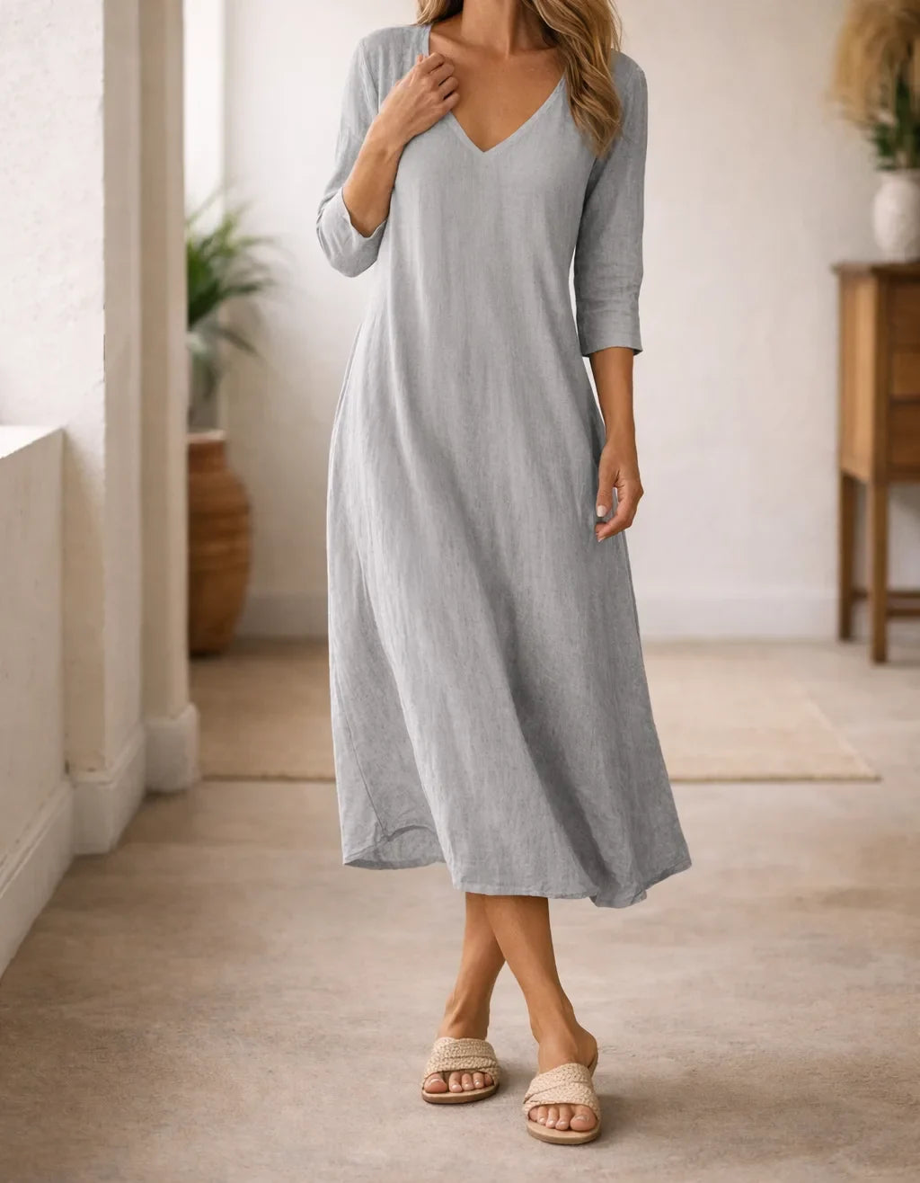 Women's V-Neck A-Line Midi Dress – Three Quarter Sleeve Casual Dress