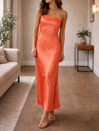 Women's Strapless Backless Maxi Dress – Pleated Open Back Formal Dress