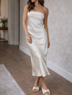 Women's Strapless Backless Maxi Dress – Pleated Open Back Formal Dress