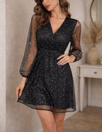 Women's V-Neck Mini Dress – Sheer Long Sleeve Sparkly Party Dress
