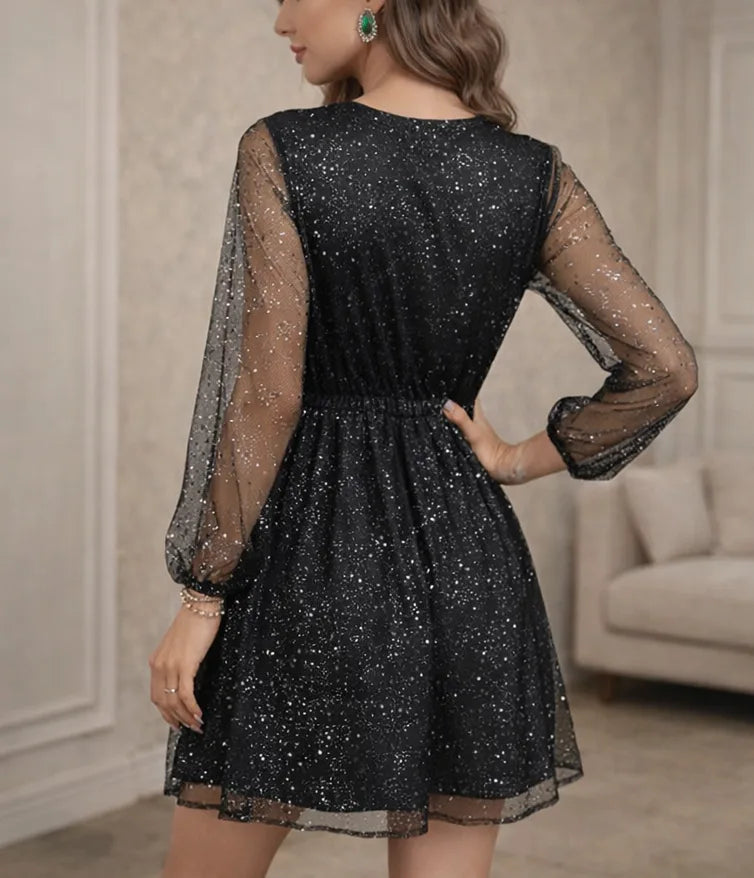 Women's V-Neck Mini Dress – Sheer Long Sleeve Sparkly Party Dress