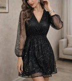 Women's V-Neck Mini Dress – Sheer Long Sleeve Sparkly Party Dress