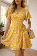 Women's V-Neck Floral Mini Dress – Short Sleeve Wrap Summer Dress