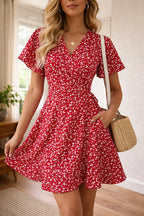 Women's V-Neck Floral Mini Dress – Short Sleeve Wrap Summer Dress