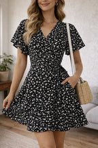 Women's V-Neck Floral Mini Dress – Short Sleeve Wrap Summer Dress
