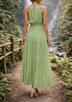 Women's Polka Dot Halter Maxi Dress – Tiered Belted Summer Dress