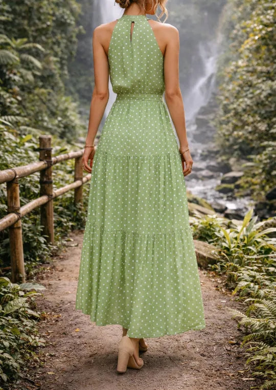Women's Polka Dot Halter Maxi Dress – Tiered Belted Summer Dress