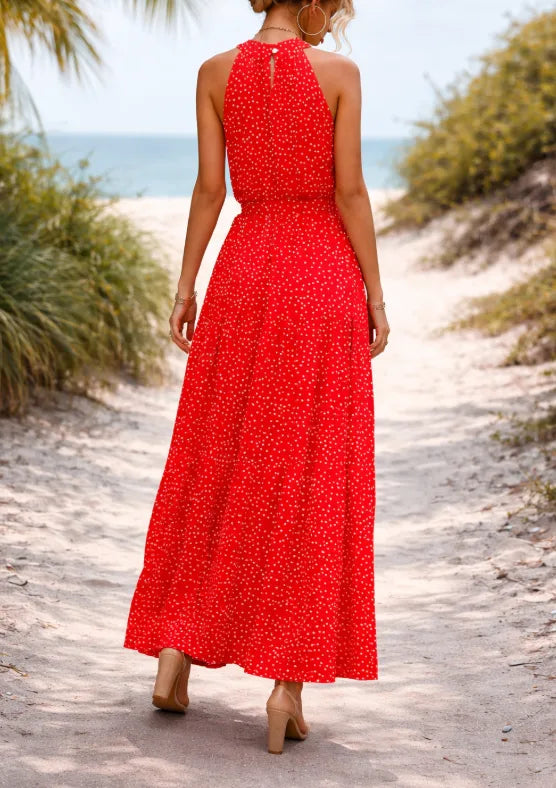 Women's Polka Dot Halter Maxi Dress – Tiered Belted Summer Dress