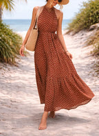 Women's Polka Dot Halter Maxi Dress – Tiered Belted Summer Dress