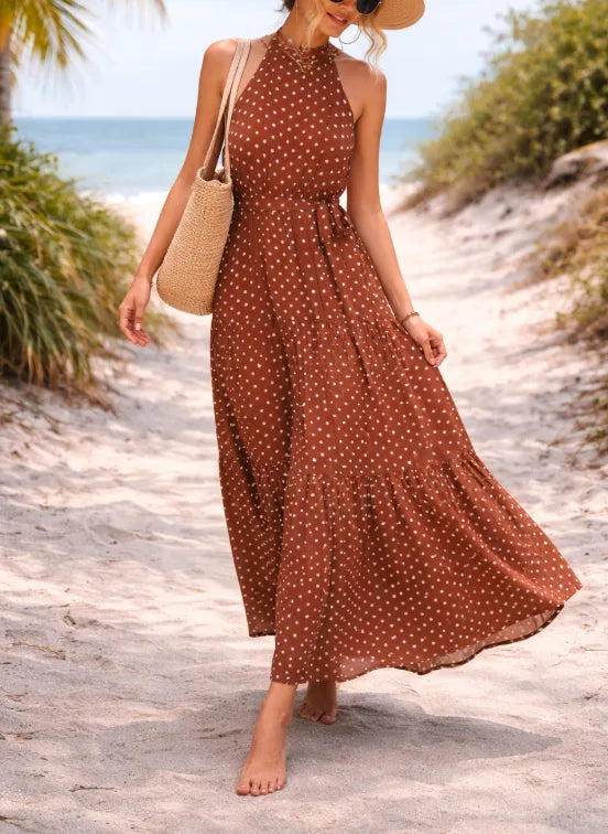 Women's Polka Dot Halter Maxi Dress – Tiered Belted Summer Dress