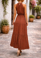 Women's Polka Dot Halter Maxi Dress – Tiered Belted Summer Dress