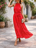 Women's Polka Dot Halter Maxi Dress – Tiered Belted Summer Dress