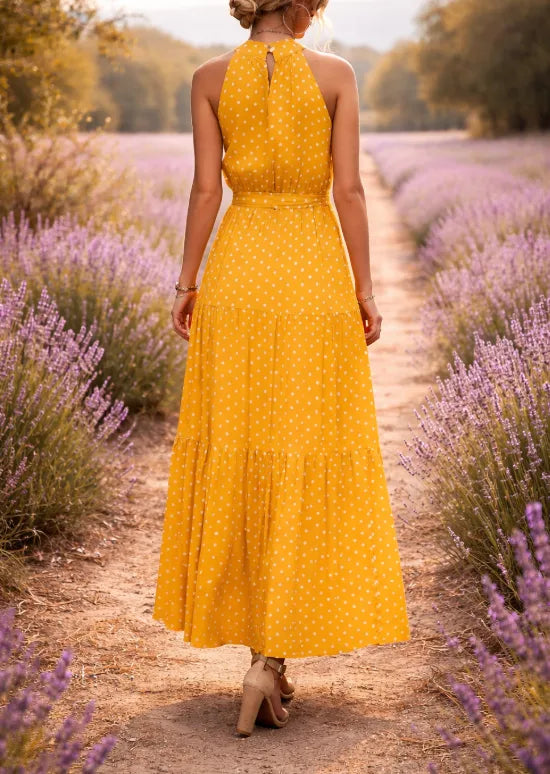 Women's Polka Dot Halter Maxi Dress – Tiered Belted Summer Dress