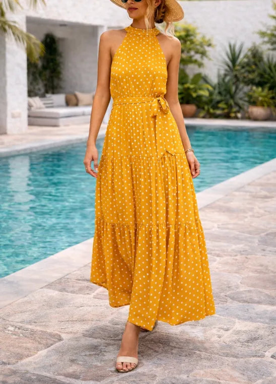 Women's Polka Dot Halter Maxi Dress – Tiered Belted Summer Dress
