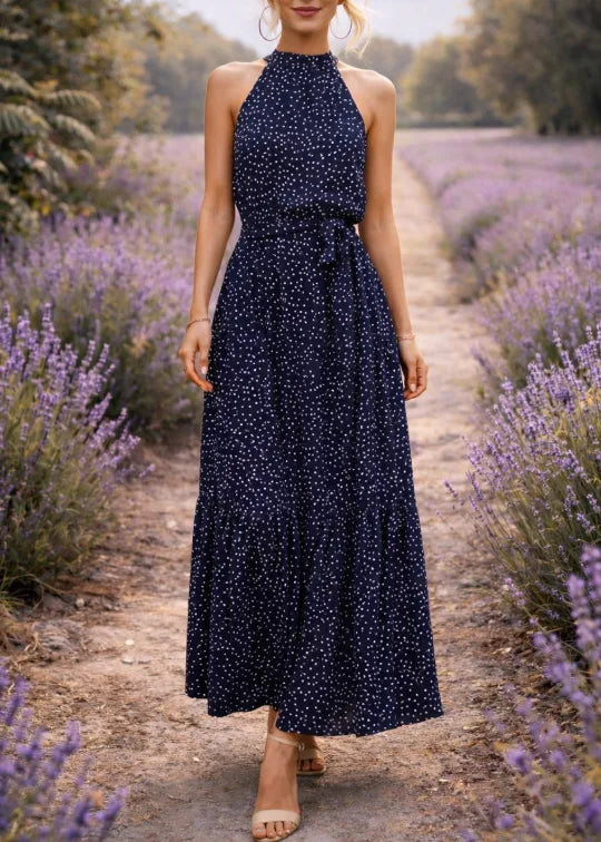 Women's Polka Dot Halter Maxi Dress – Tiered Belted Summer Dress