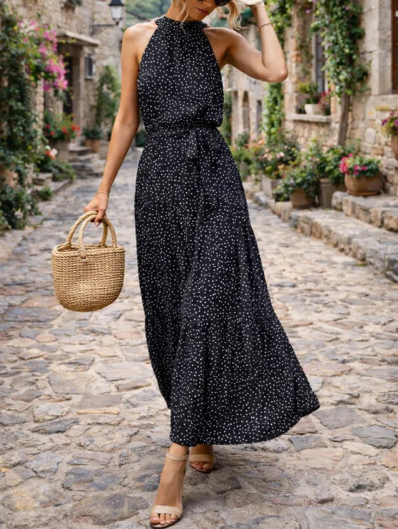 Women's Polka Dot Halter Maxi Dress – Tiered Belted Summer Dress