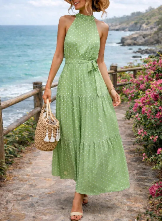 Women's Polka Dot Halter Maxi Dress – Tiered Belted Summer Dress