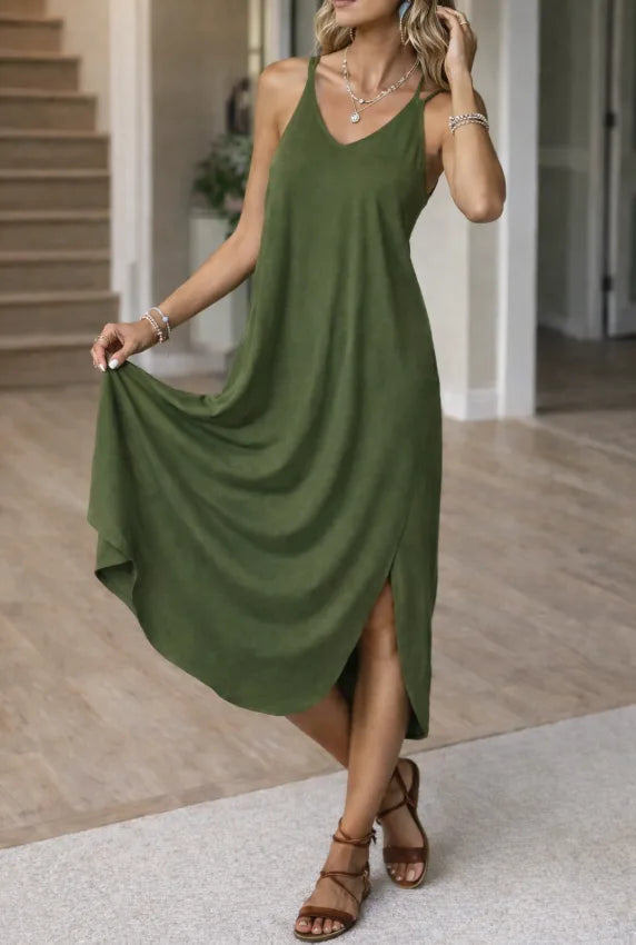 Women's V-Neck Slit Midi Dress – Spaghetti Strap A-Line Summer Dress