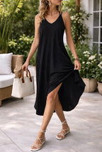 Women's V-Neck Slit Midi Dress – Spaghetti Strap A-Line Summer Dress