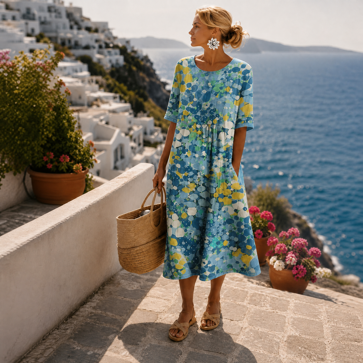 Women's Short Sleeve Floral Midi Dress – Flowy Summer Dress
