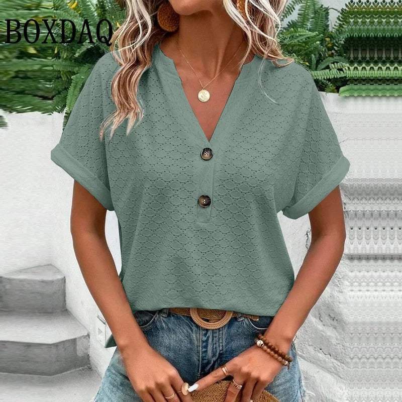 Women's V-Neck Blouse – Button Front Casual Blouse – Isabelle