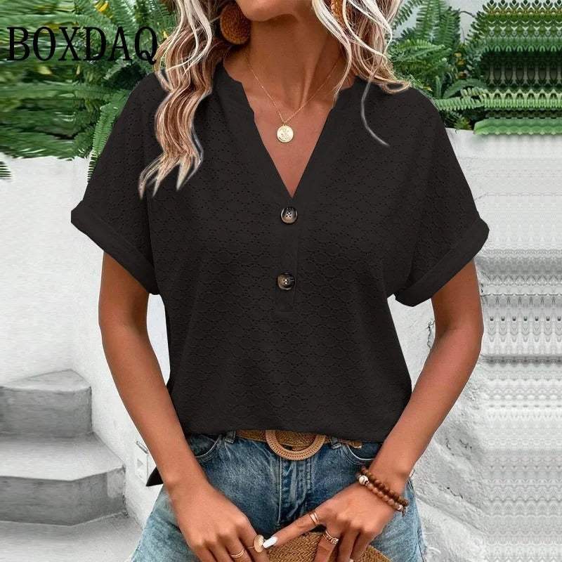 Women's V-Neck Blouse – Button Front Casual Blouse – Isabelle