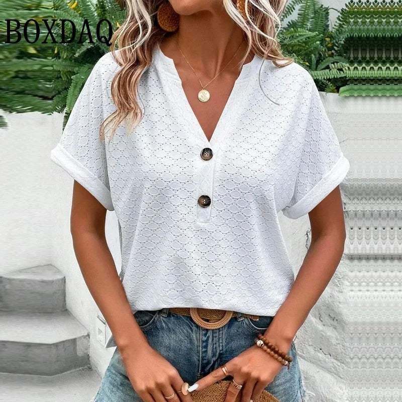 Women's V-Neck Blouse – Button Front Casual Blouse – Isabelle