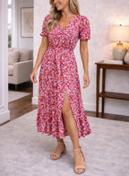 Women's Floral V-Neck Midi Dress – Short Sleeve Tiered Side Slit Dress