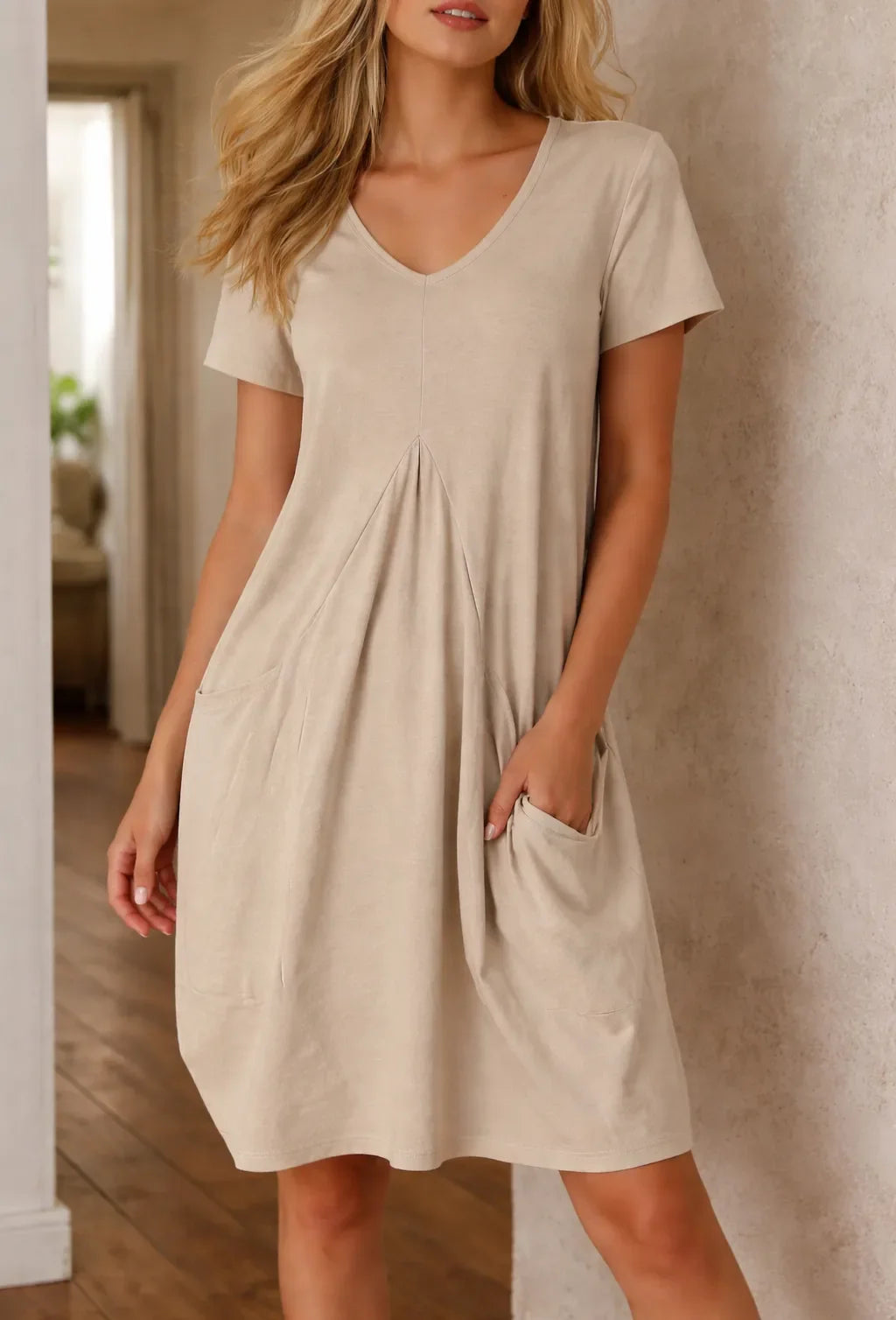 Women's V-Neck A-Line Dress – Knee Length Casual Pocket Dress
