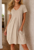 Women's V-Neck A-Line Dress – Knee Length Casual Pocket Dress