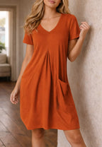 Women's V-Neck A-Line Dress – Knee Length Casual Pocket Dress