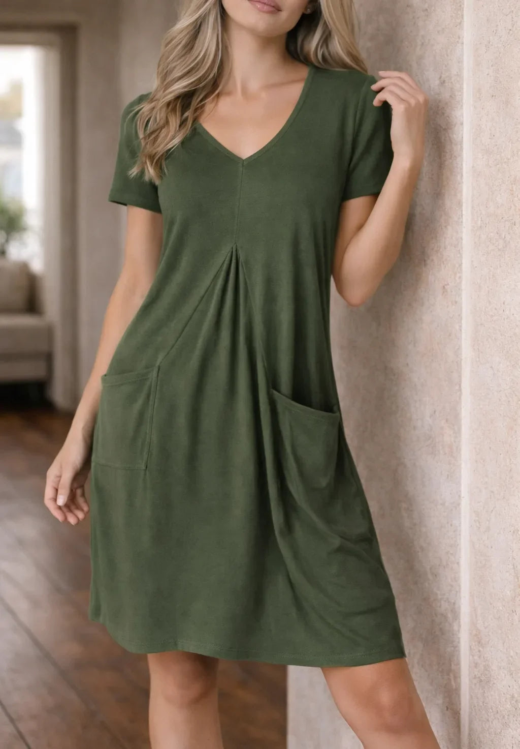 Women's V-Neck A-Line Dress – Knee Length Casual Pocket Dress