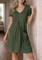 Women's V-Neck A-Line Dress – Knee Length Casual Pocket Dress