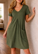 Women's V-Neck A-Line Dress – Knee Length Casual Pocket Dress