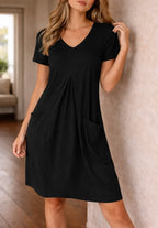 Women's V-Neck A-Line Dress – Knee Length Casual Pocket Dress