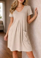Women's V-Neck A-Line Dress – Knee Length Casual Pocket Dress