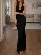 Women's Halter Neck Maxi Dress – Backless Cowl Neck Evening Dress