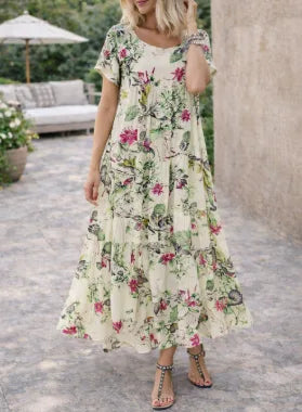 Women's Floral Print Maxi Dress – Round Neck Short Sleeve Tiered Dress