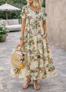 Women's Floral Print Maxi Dress – Round Neck Short Sleeve Tiered Dress