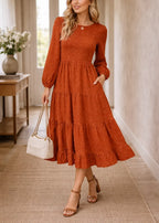 Women's Tiered Midi Dress – Long Bishop Sleeve Ruffle Hem Dress