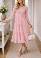 Women's Tiered Midi Dress – Long Bishop Sleeve Ruffle Hem Dress