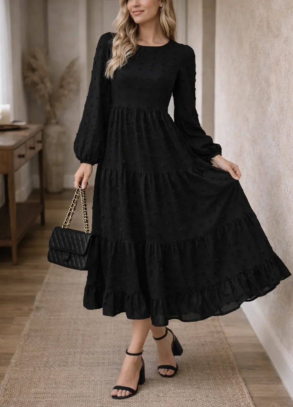 Women's Tiered Midi Dress – Long Bishop Sleeve Ruffle Hem Dress