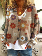 Women's V-Neck Boho Cardigan – Printed Button Front Cardigan