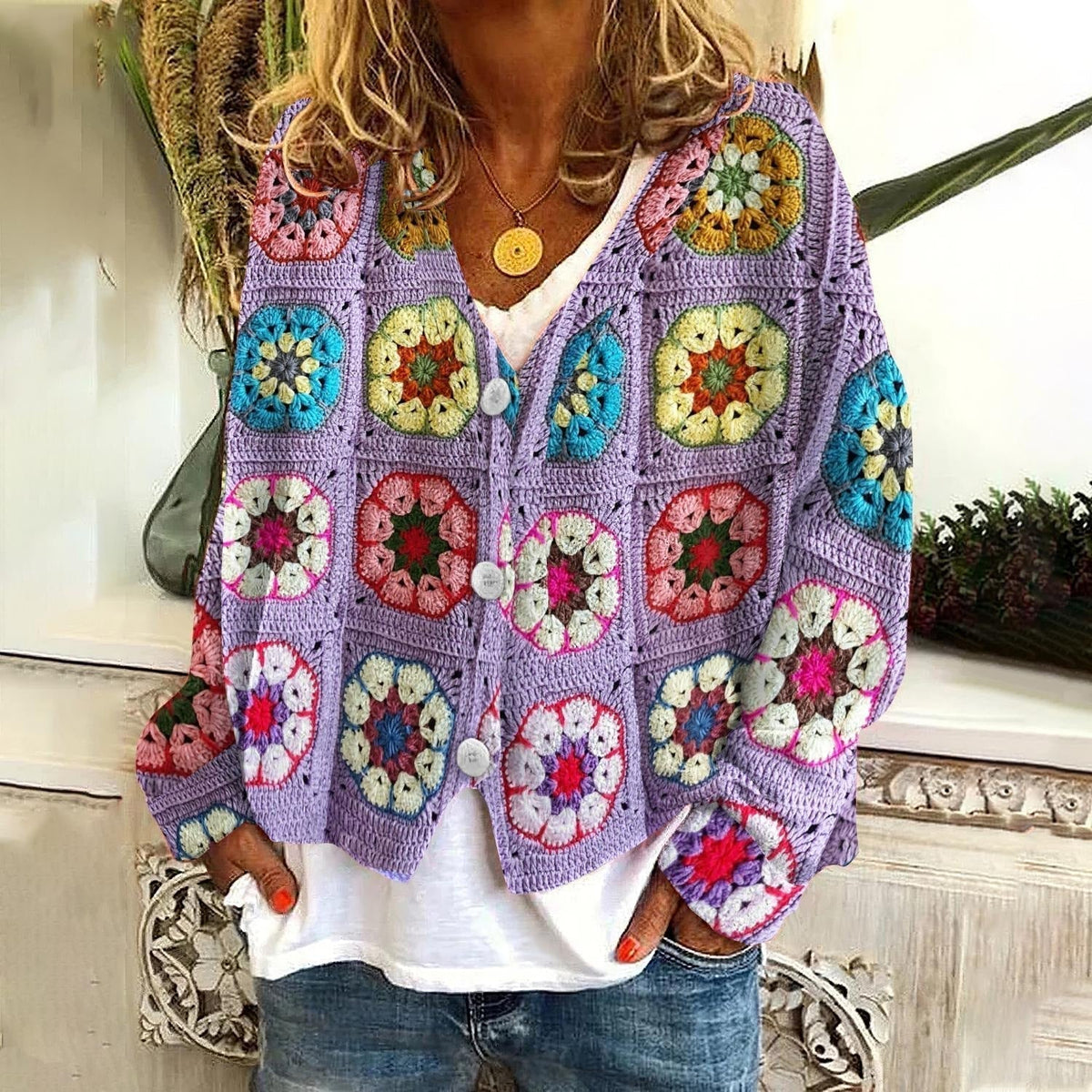 Women's V-Neck Boho Cardigan – Printed Button Front Cardigan